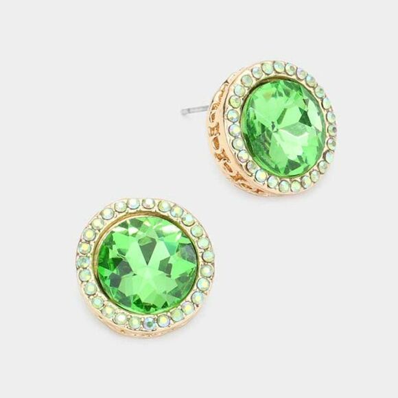 Rhinestone Trimmed Round Stone Peridot Green Evening Earrings - Picture 3 of 5